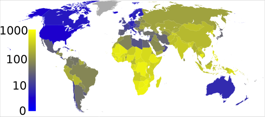 Figure 2: Estimated prevalence of tuberculosis per 100,000 people per country in 2007. Developing countries in Africa and Asia have the highest incident rates (shown in yellow), while countries in North America, parts of Europe, Australia and New Zealand have the lowest incident rates (shown in blue). Source: Wikimedia Commons, Eubulides (2009).